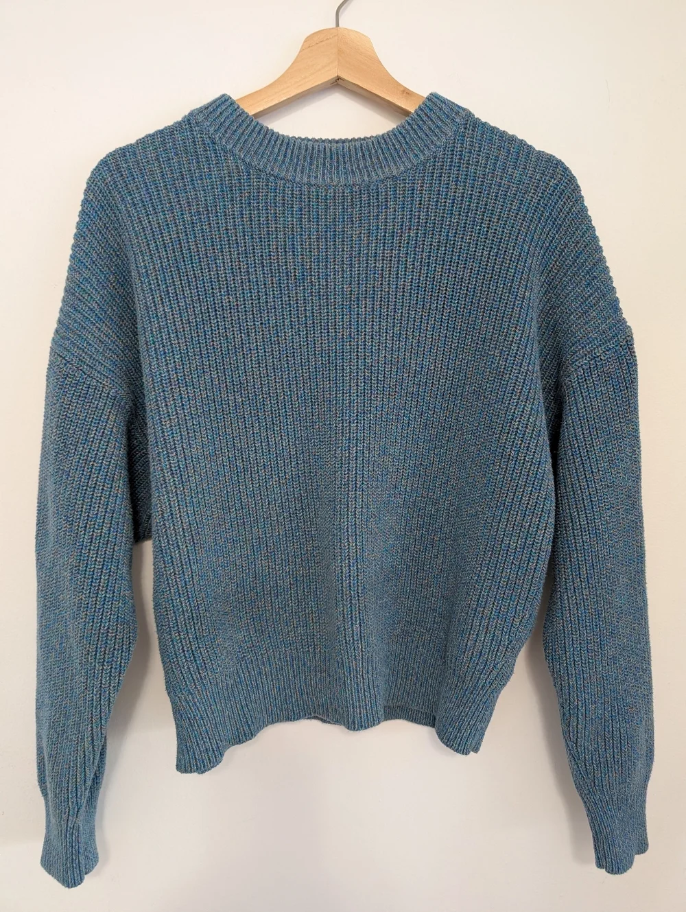 Uniqlo Small Boxy Sweater Crew Neck Grey Blue Wide Arm Cotton Knit Long Sleeve - Picture 6 of 16